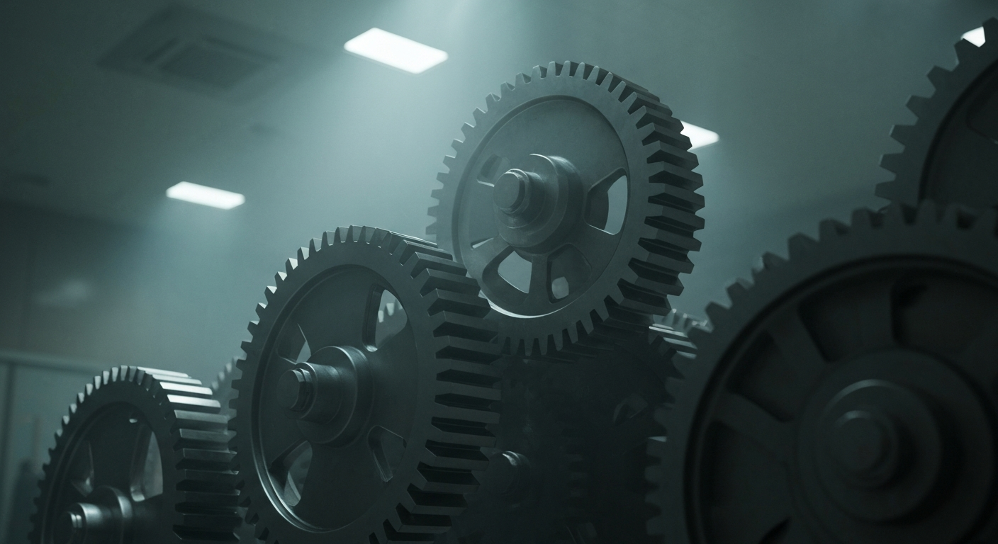 An extreme close-up of a series of interlocking, highly detailed metal gears and machinery, conceptually representing the complex financial infrastructure and operations of a major investment firm.