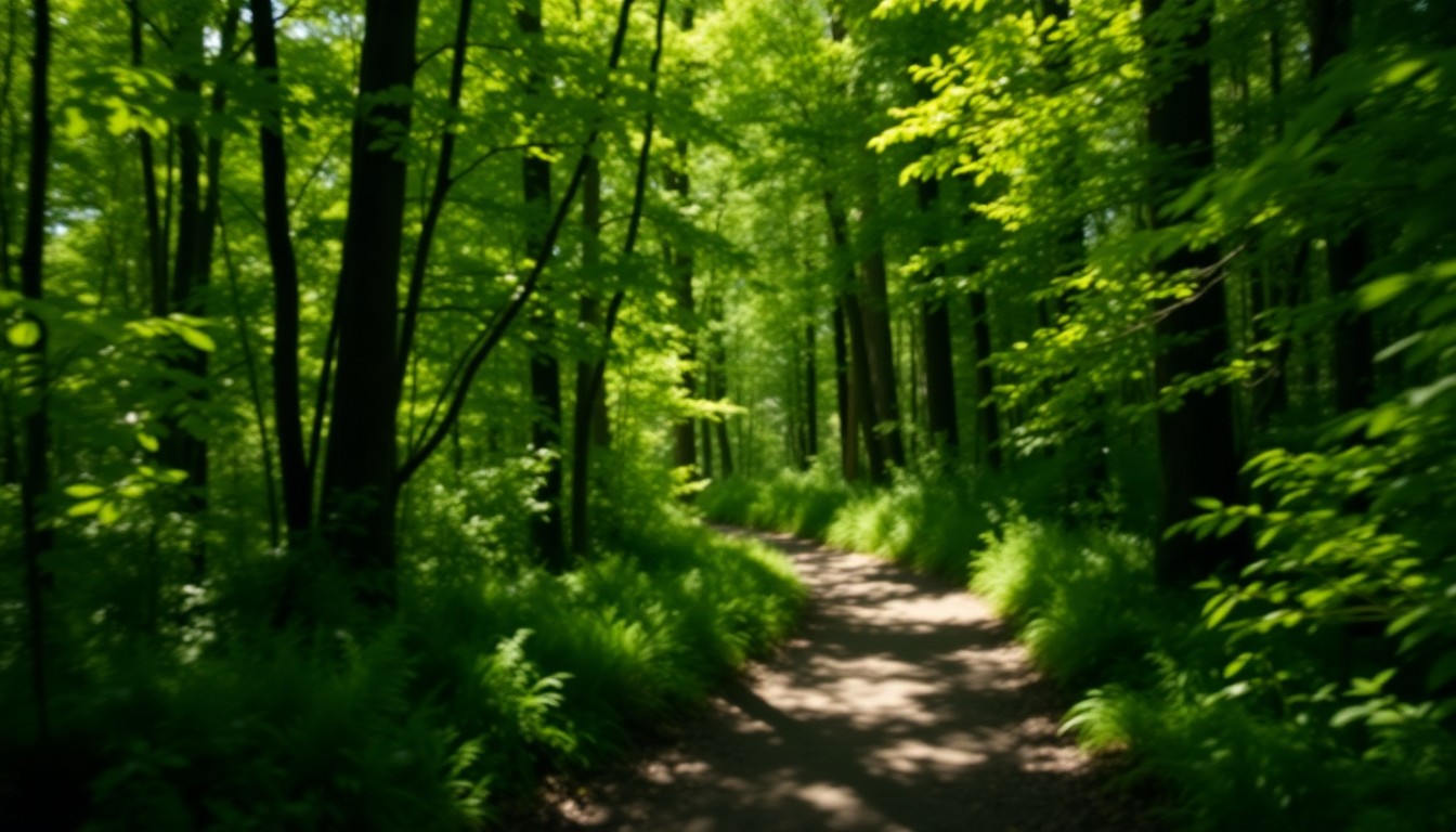 An abstract, out-of-focus photograph of a forest path with dappled sunlight, conveying the tranquility and natural beauty of the Greater Maple Valley/Cedar River region.