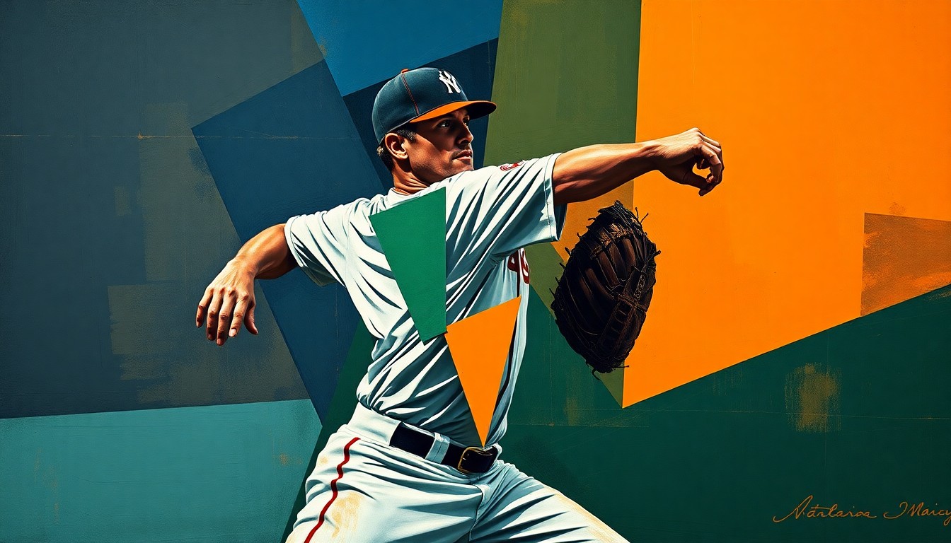 A cubist-style painting depicting a baseball pitcher's windup and delivery broken down into sharp, overlapping geometric shapes and planes in navy blue, forest green, and burnt orange.