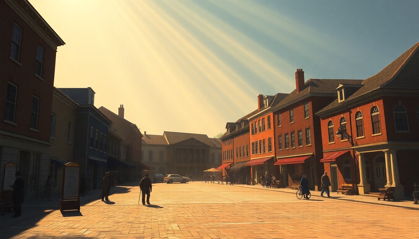A serene, nostalgic painting of a colonial-era town square in Frederick, Maryland, with warm sunlight casting long shadows across the scene, conveying a sense of the city's pivotal role in the Revolutionary War.