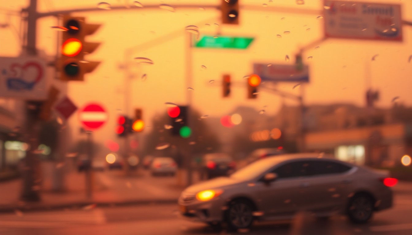 An abstract, impressionistic photograph of a blurred urban streetscape, with the faint outlines of traffic signals and a passing car visible through a hazy, rain-streaked lens, conceptually representing the disruption and uncertainty caused by a temporary road closure.
