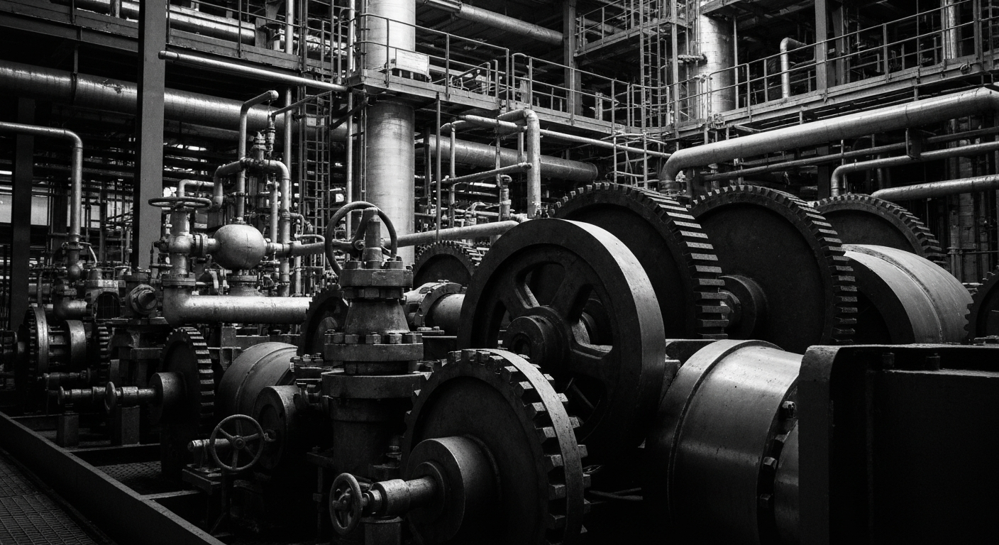 A high-contrast, black and white close-up image of the intricate gears, pipes, and mechanical components that make up the inner workings of an industrial chemical plant, conveying the physical and financial infrastructure of the global specialty chemicals sector.