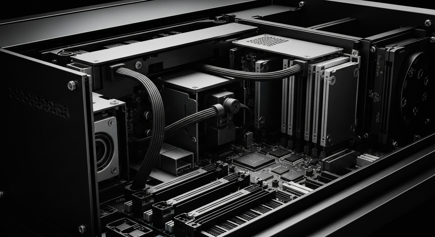 A close-up view of the complex internal components and hardware that make up a modern gaming console or PC, rendered in a high-contrast, cinematic style that emphasizes the physical, industrial nature of the technology powering the digital world of video games.