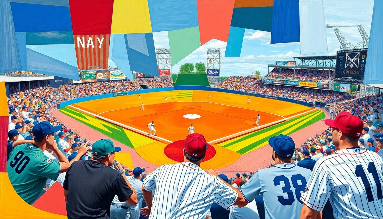 A fractured, geometric painting in bold colors depicting the dynamic movements and competing forces of a college baseball game, without any recognizable players or teams.