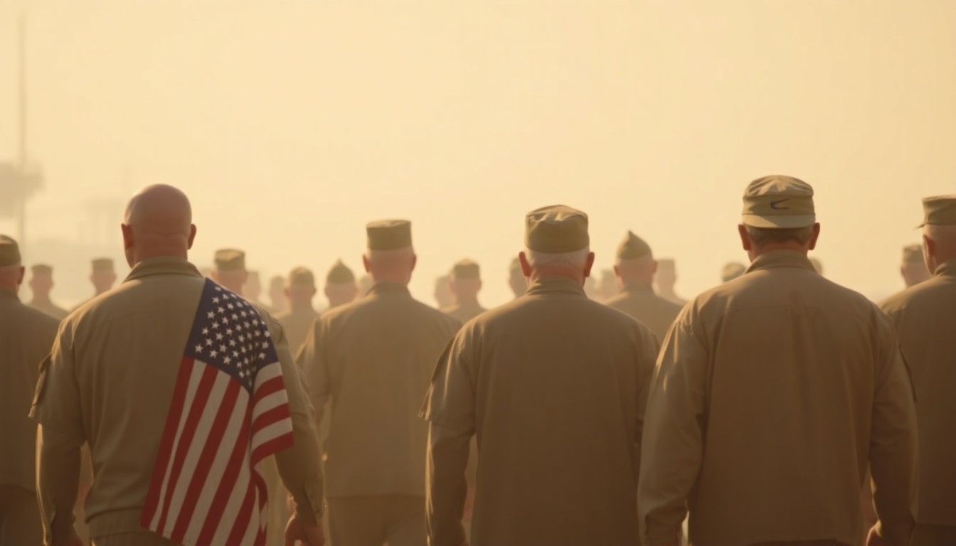 A blurred, dreamlike image of a group of older men walking together, their faces indistinct but their body language suggesting camaraderie and shared experience.