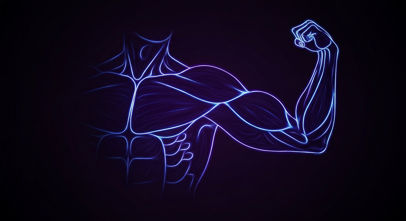 A glowing, neon outline of a human muscle group, such as the biceps or quadriceps, against a deep, dark background, conceptually illustrating the impact of weight-loss drugs on muscle mass.