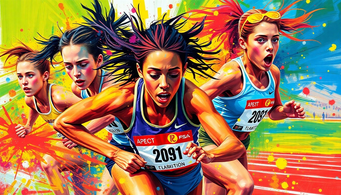 An abstract expressionist painting in neon colors, with rapid brushstrokes capturing the dynamic movement and energy of a girls track and field competition, faces and details dissolving into unrecognizable shapes and splatters.