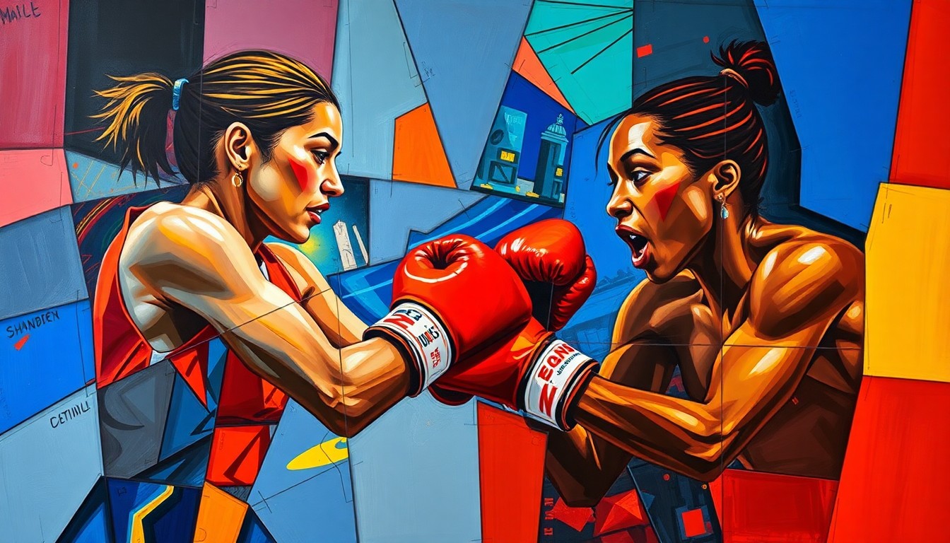 A cubist, geometric painting depicting the dynamic action of a boxing match, with overlapping planes of color and form representing the intensity and determination of the competitors.