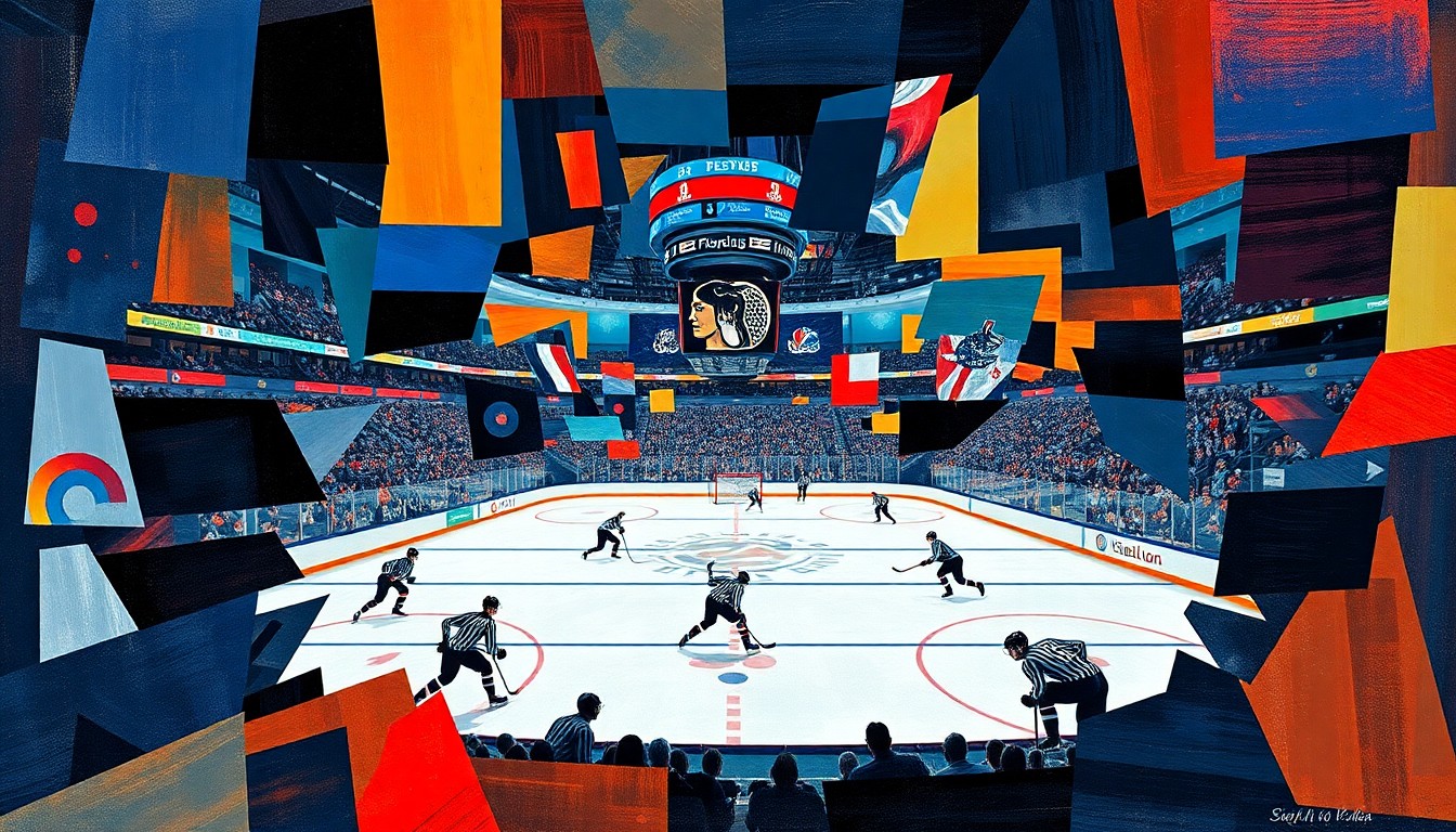 A fractured, multi-perspective painting in the style of Pablo Picasso, breaking a hockey game down into sharp, overlapping geometric planes of color and abstract shapes, capturing the intensity and emotion of the playoff matchup.