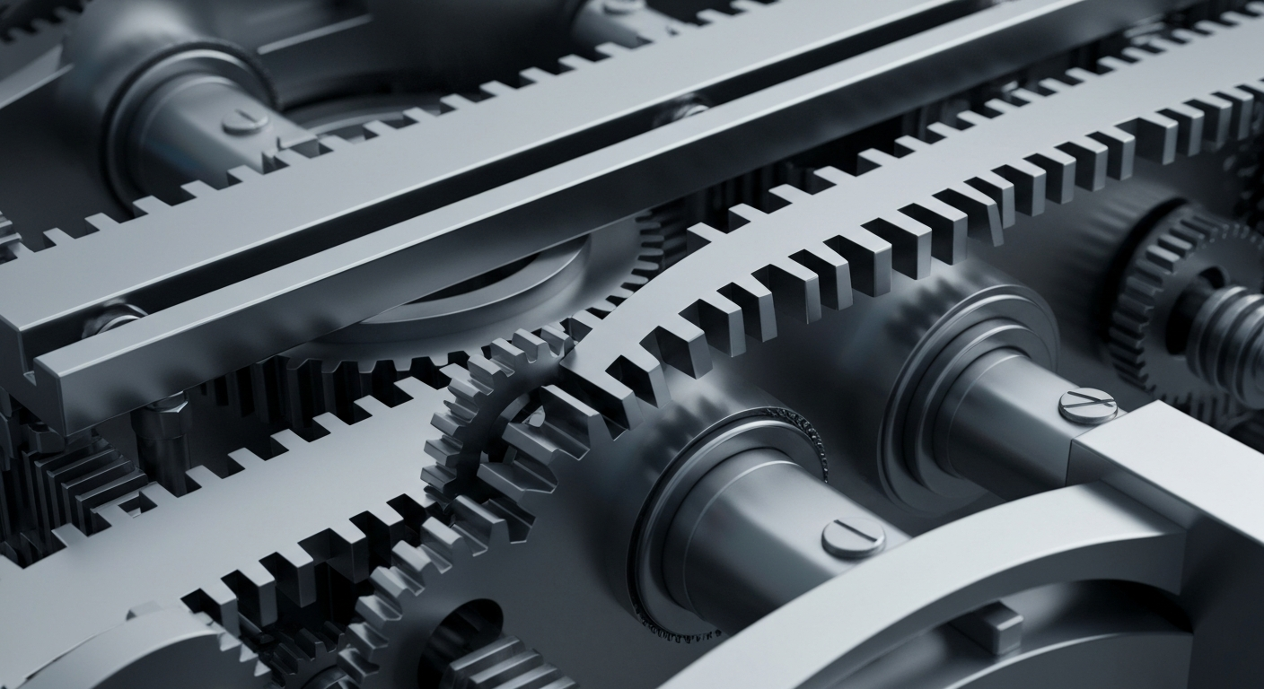 An extreme close-up of a complex network of shiny metal gears and machinery, conceptually representing the institutional financial systems that support major pharmaceutical companies like Eli Lilly.