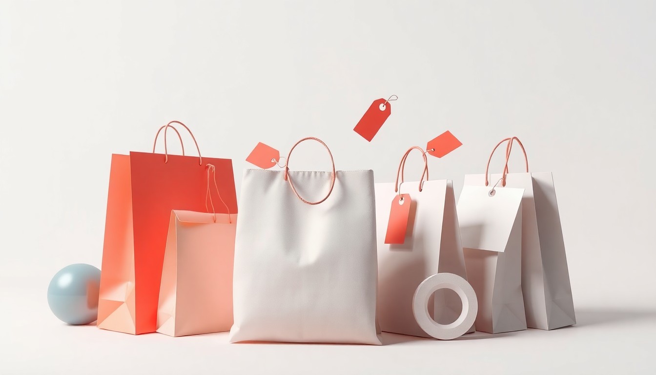 A high-end, photorealistic studio still-life photograph featuring a neatly arranged collection of premium retail shopping bags, clothing tags, and other abstract corporate symbols floating on a clean, monochromatic seamless background, conceptually representing the financial success and growth of the off-price retail sector.