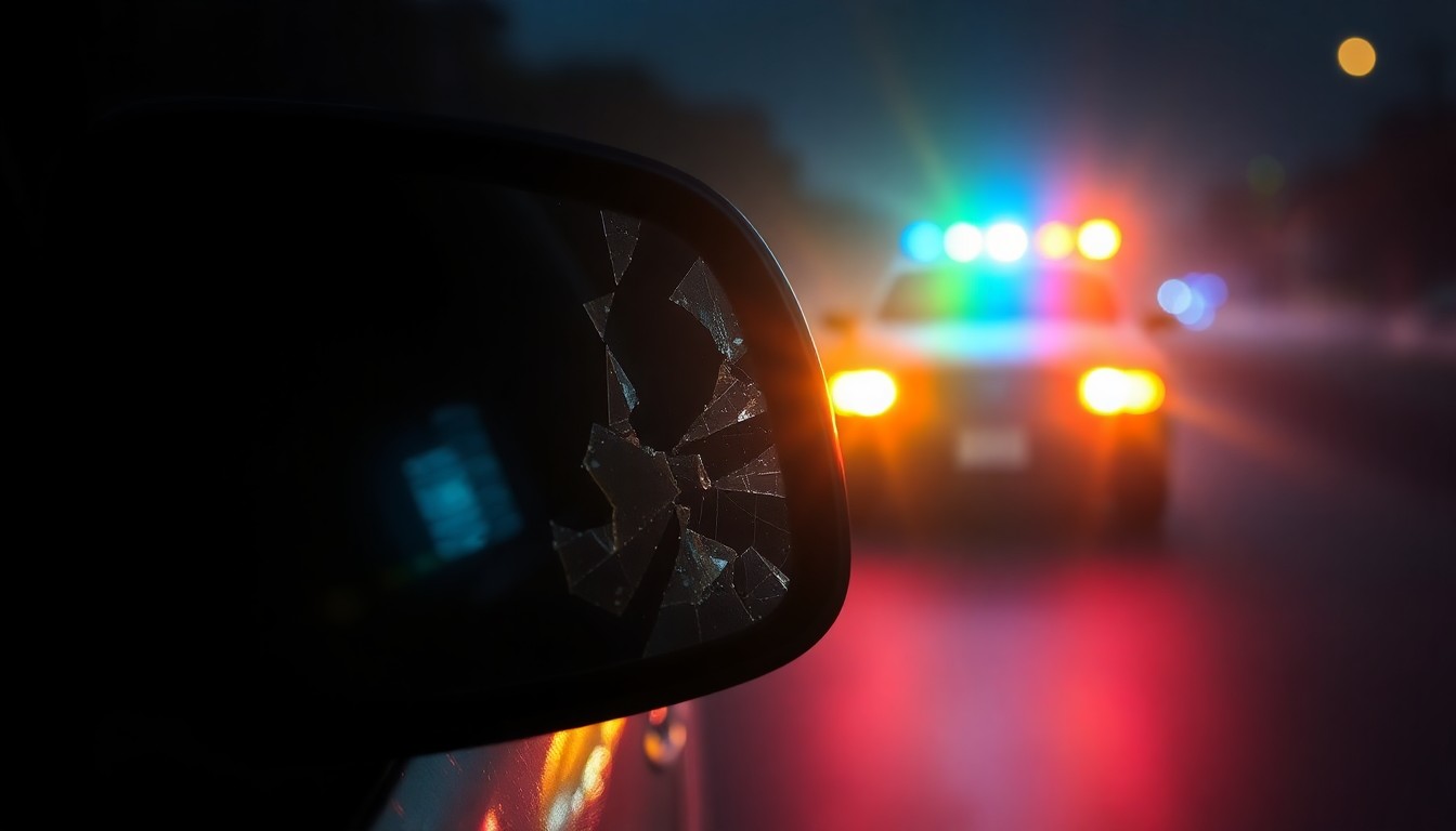An extreme close-up photograph of a shattered car side mirror reflecting the flashing lights of a police vehicle, conceptually illustrating the aftermath of a serious traffic accident.