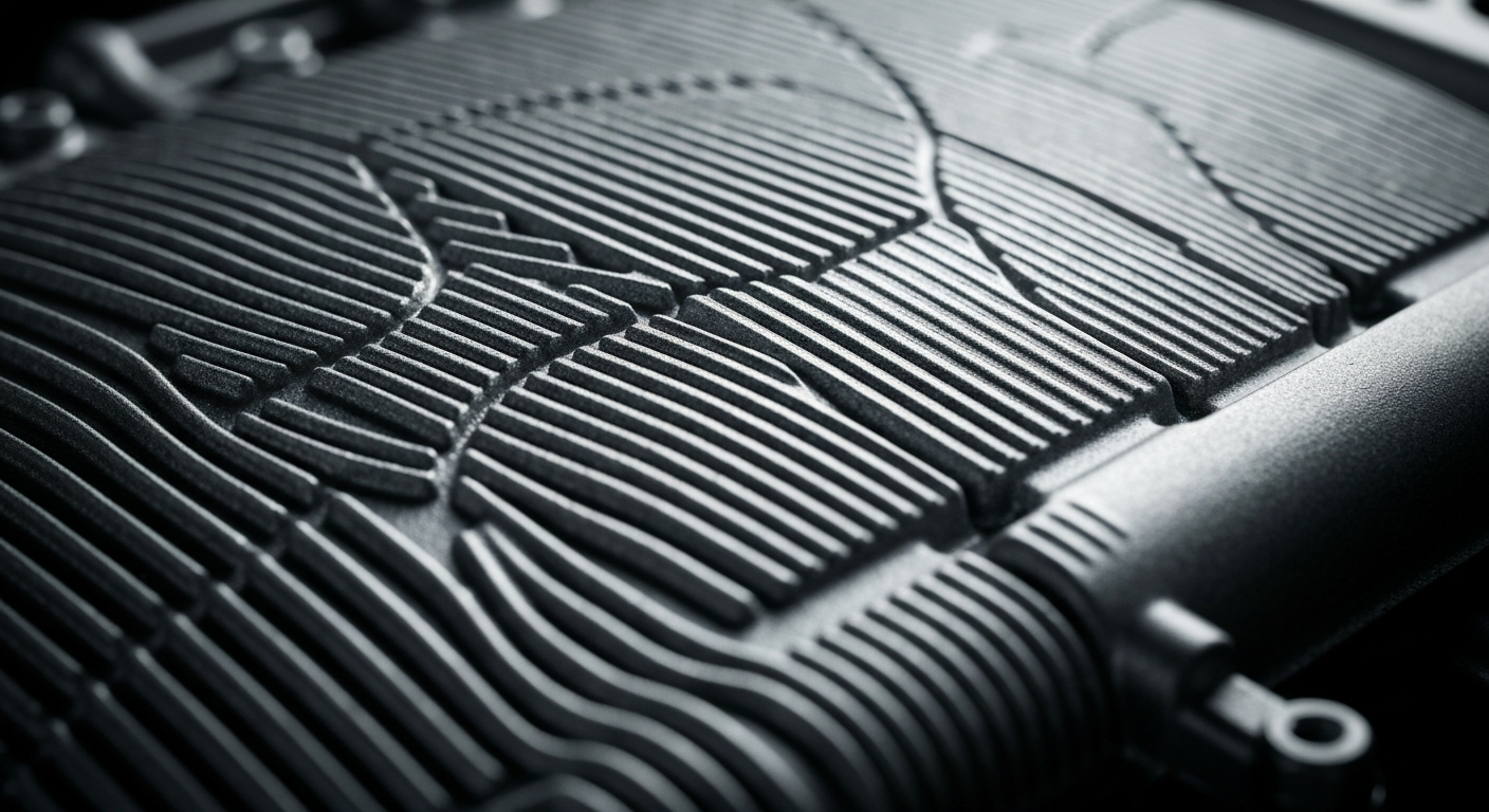 An extreme close-up of the textured surface of a car's engine block, with intricate patterns and metallic hues, conceptually representing the complex inner workings of modern automotive technology.