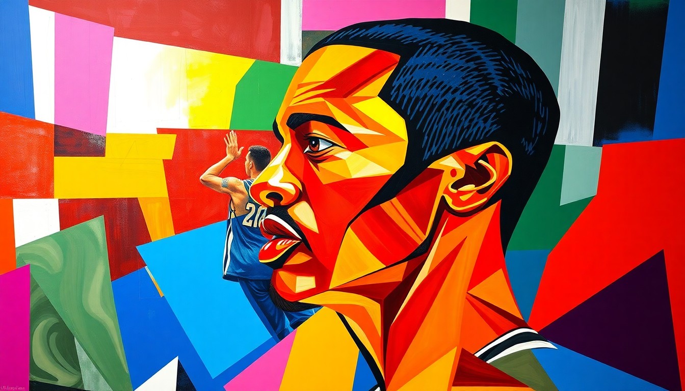 A vibrant, abstract painting featuring sharp, overlapping geometric shapes in the Spurs' Fiesta colors, conceptually representing the energy and excitement of Victor Wembanyama's dominant performance in his playoff debut.