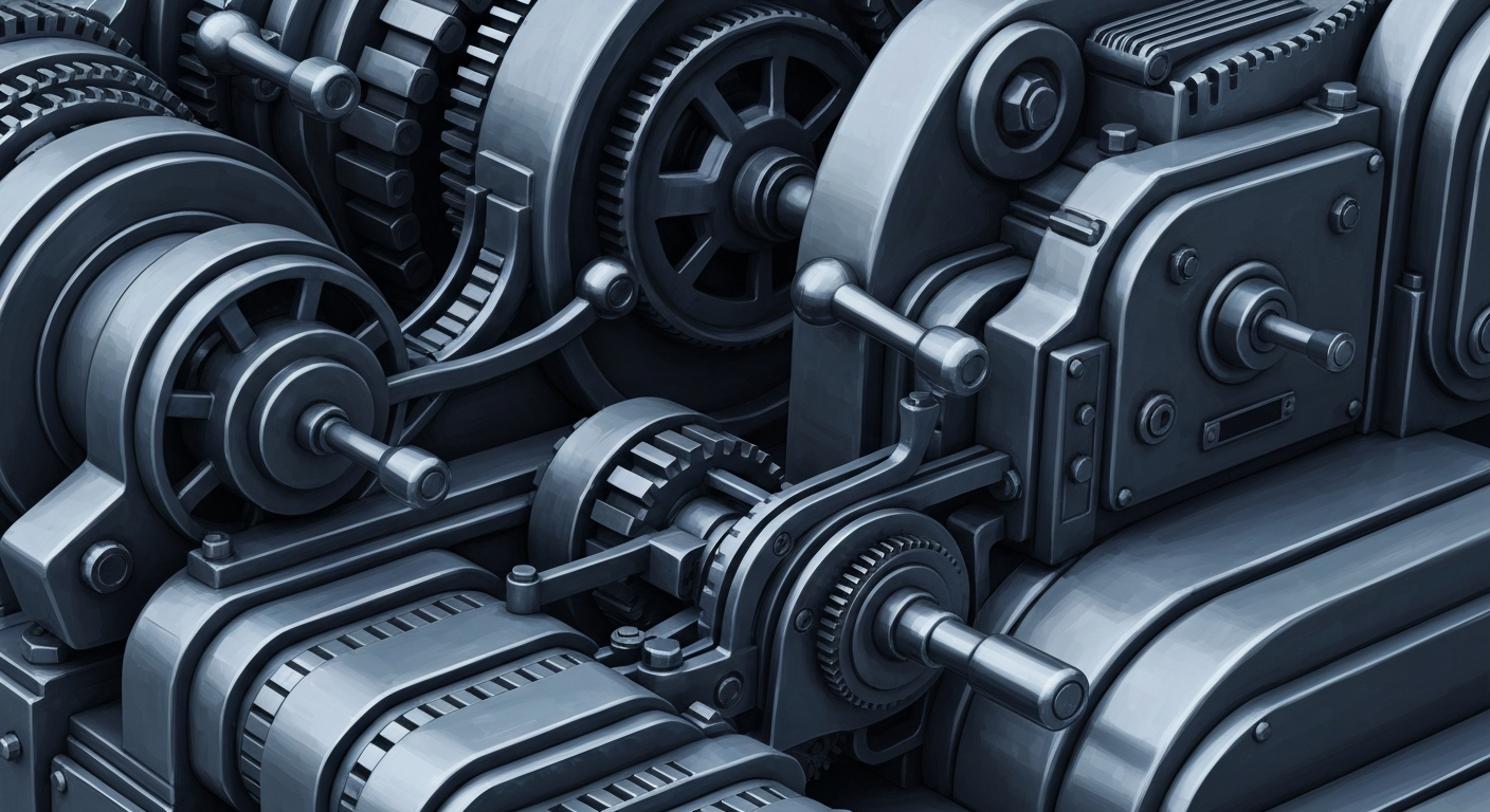 An extreme close-up of a complex, industrial banking machine with gears, levers, and dials in shades of gunmetal grey and steel blue, conveying a sense of financial security and institutional power.