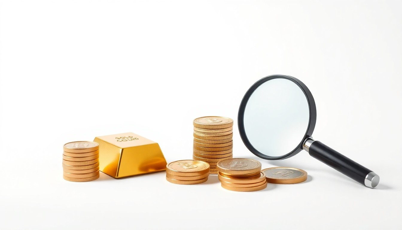 A photorealistic studio still-life photograph featuring a polished gold bar, a stack of gold coins, and a magnifying glass arranged on a clean, white background, conceptually representing the abstract concepts of finance, investment, and market volatility.