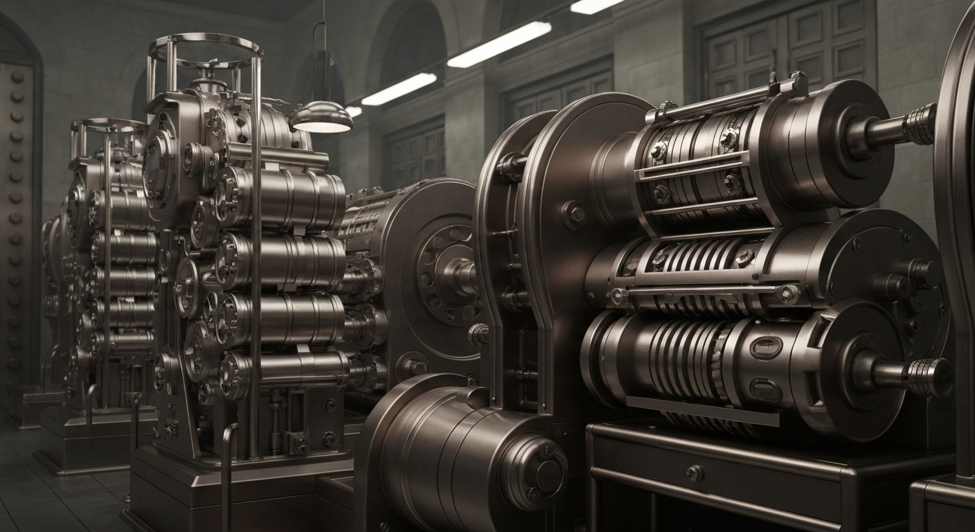 An extreme close-up of intricate, interlocking metal gears and mechanisms, conceptually representing the complex financial infrastructure and machinery behind Ameriprise Financial's operations.