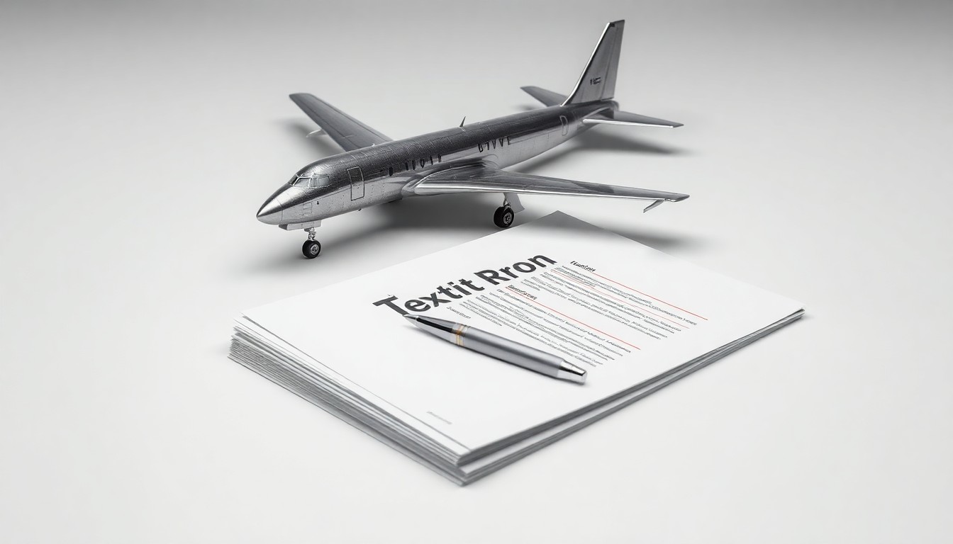 A high-end, photorealistic studio still-life photograph featuring a polished metal airplane model, a stack of financial reports, and a pen on a clean, monochromatic background, conceptually representing Textron's aerospace business and the financial analysis behind institutional investment decisions.