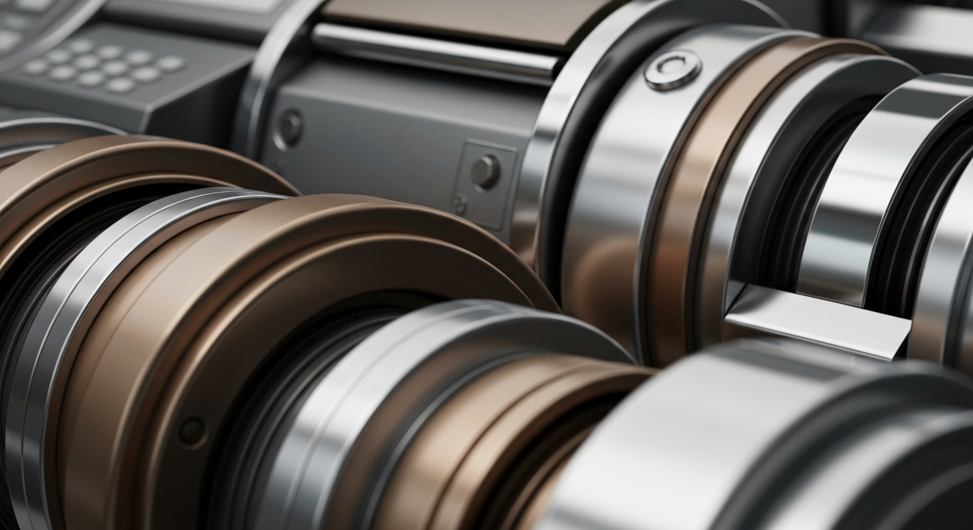 An extreme close-up of gleaming, intricate banking machinery and equipment, conveying a sense of institutional financial security and stability without any text or identifiable elements.