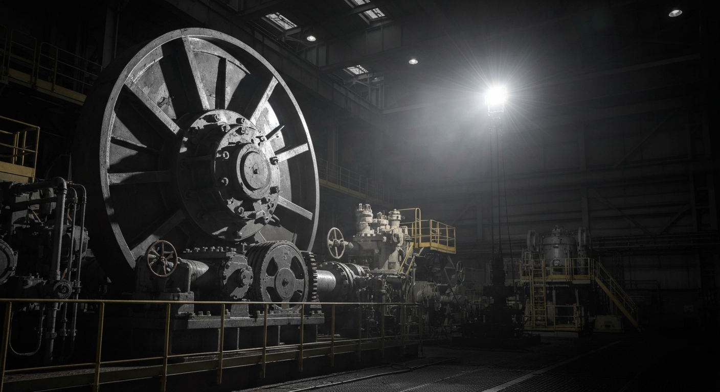 An extreme close-up of gleaming, intricate industrial machinery and equipment used in oil and gas extraction, conveying a sense of power, precision, and the tangible nature of the energy industry.