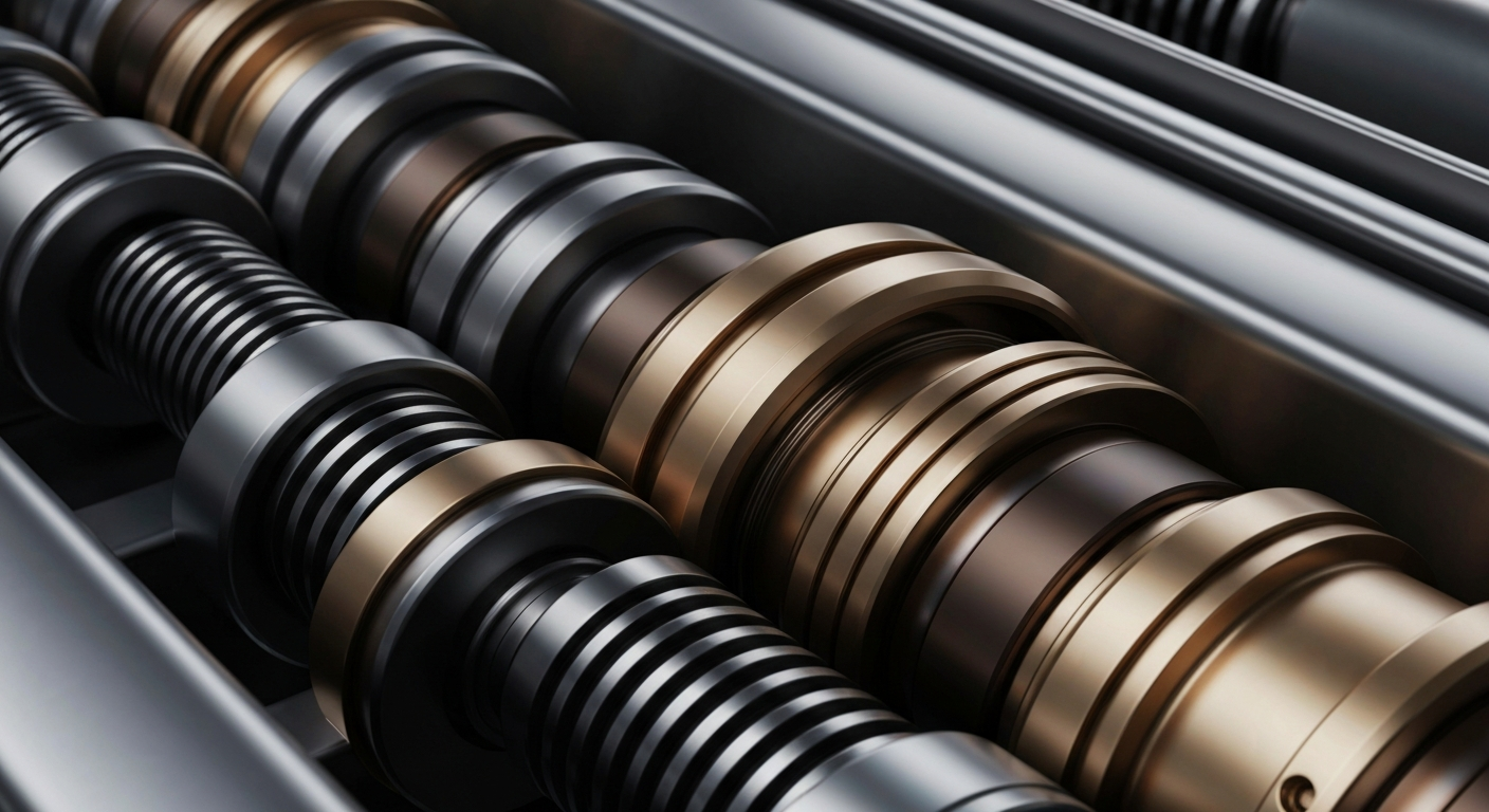 A highly detailed, cinematic macro photograph of the gears, valves, and other mechanical components that make up a Dover Corporation industrial product, conveying a sense of the company's technical sophistication and manufacturing capabilities.