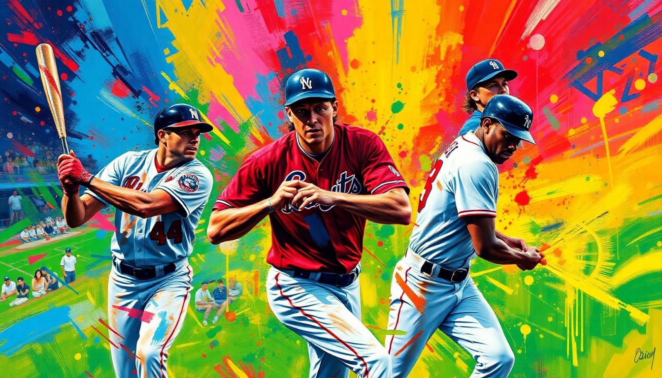 A dynamic, abstract painting in neon colors depicting the frenetic energy and motion of a baseball game, with players' forms dissolving into expressive brushstrokes.