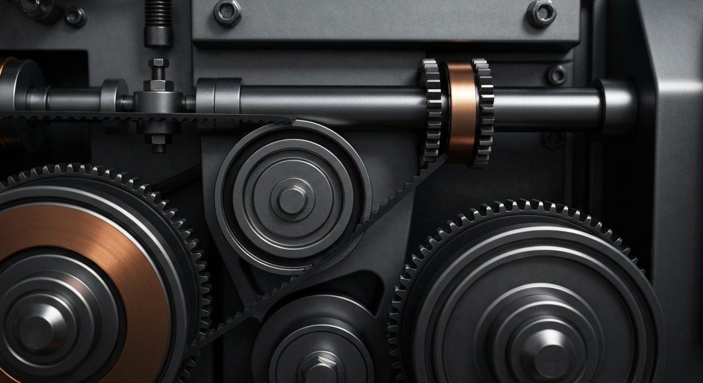 An extreme close-up of the intricate gears, belts, and components of an industrial doughnut-making machine, conveying the complex mechanics behind Krispy Kreme's production capabilities.