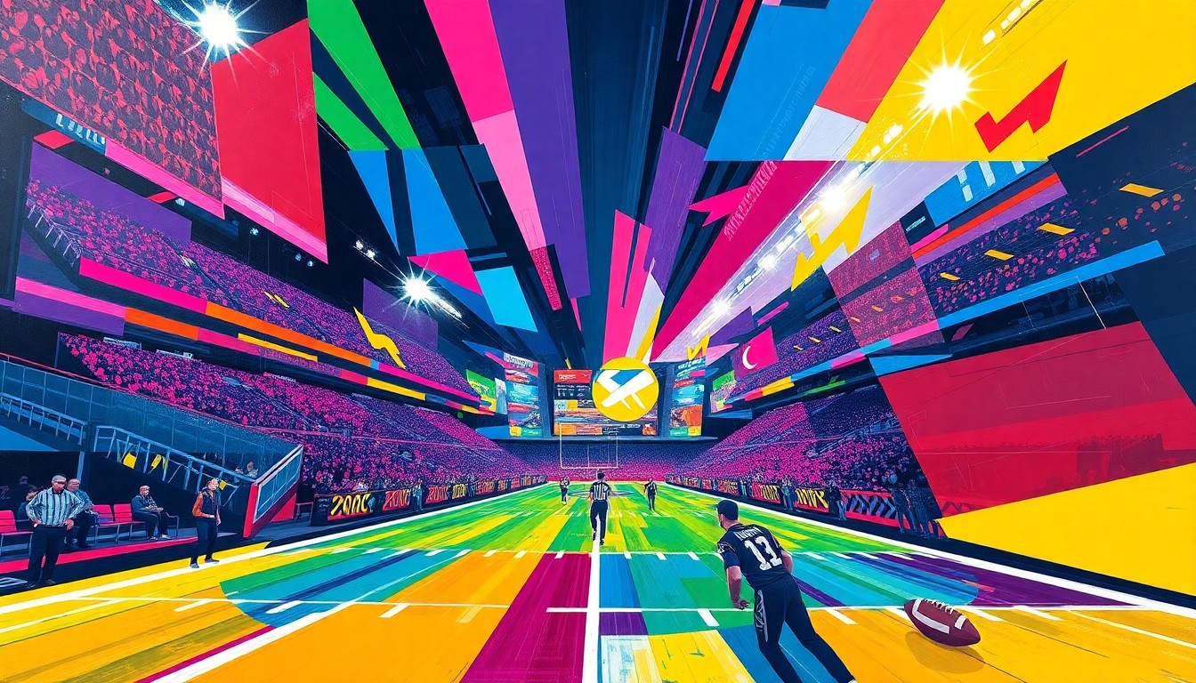 A cubist, geometric painting in vibrant neon colors depicting the fast-paced action and energy of the Las Vegas Rockers' debut arena football game, with overlapping planes and fragmented perspectives capturing the excitement of the event.