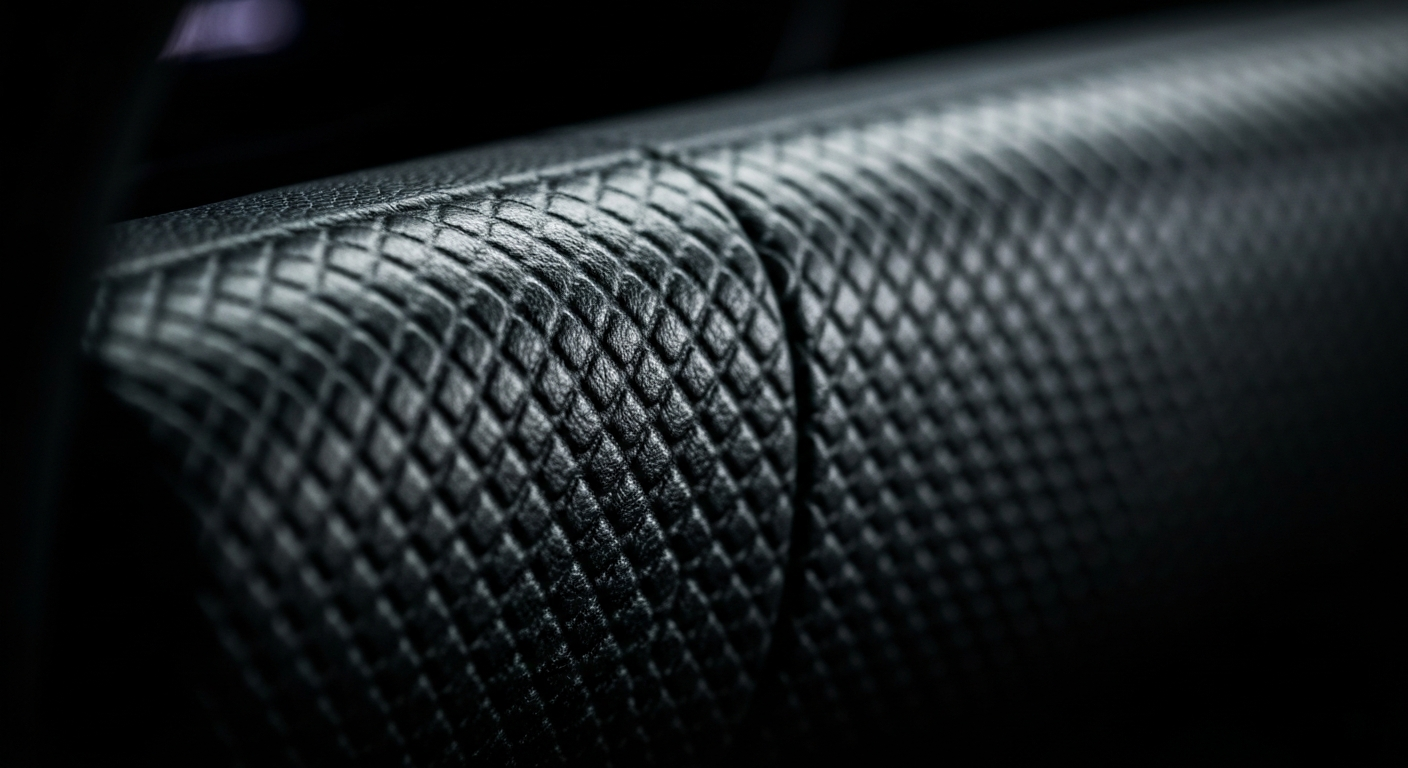 An extreme close-up photograph of the textured surface of an automotive dashboard or steering wheel, showcasing the intricate details and materials in a dramatic, artistic manner.