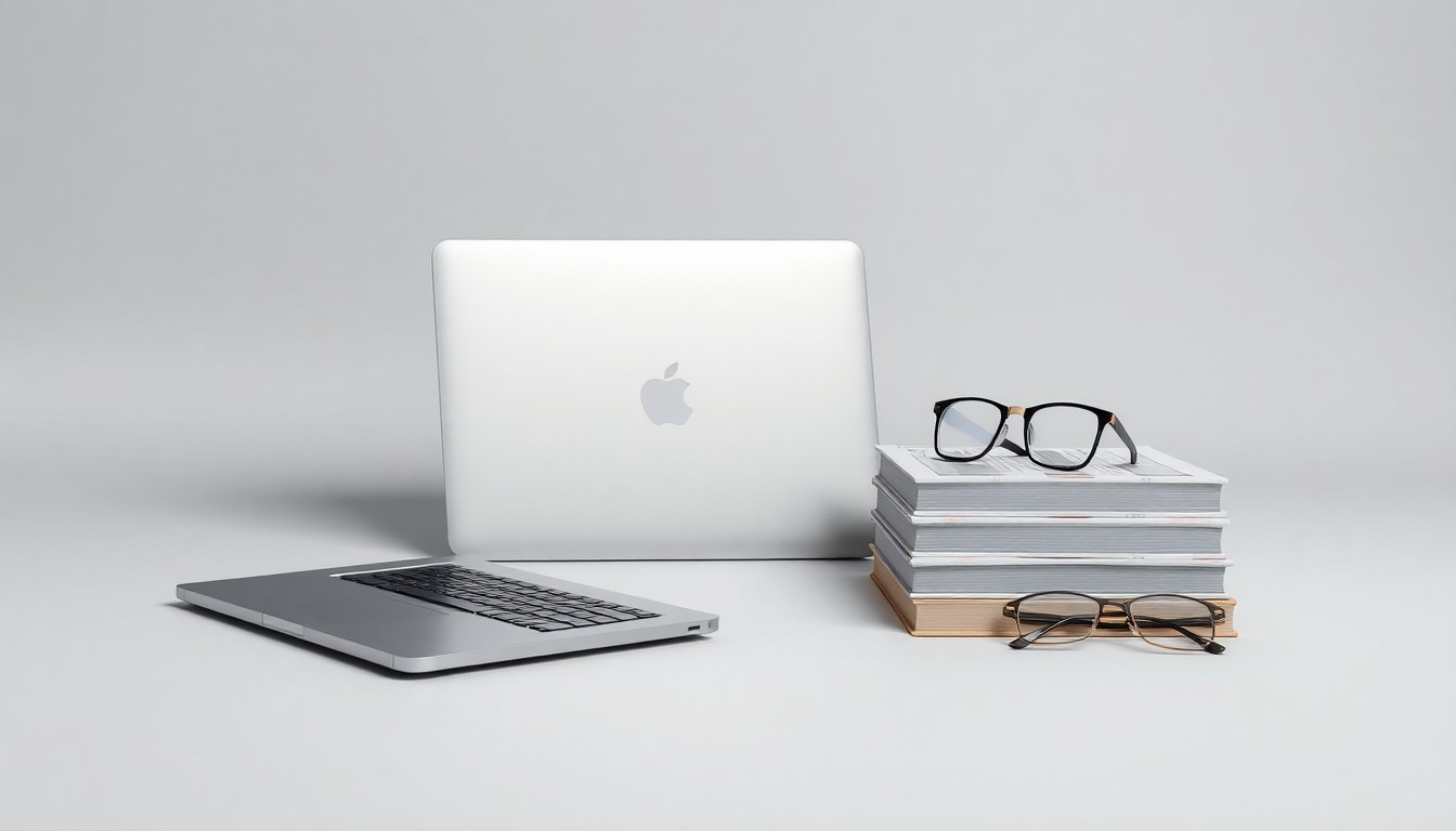 A photorealistic studio still life featuring a sleek laptop, technical books, and eyeglasses arranged on a clean, monochromatic background, symbolizing the high-level skills and strategic thinking required for a senior software engineering role.