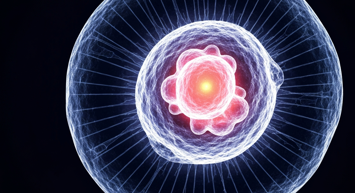 An extreme close-up, translucent X-ray image revealing the intricate internal structure of a cancer cell, glowing against a dark background to conceptually represent the innovative approach of the IMT-009 immunotherapy.