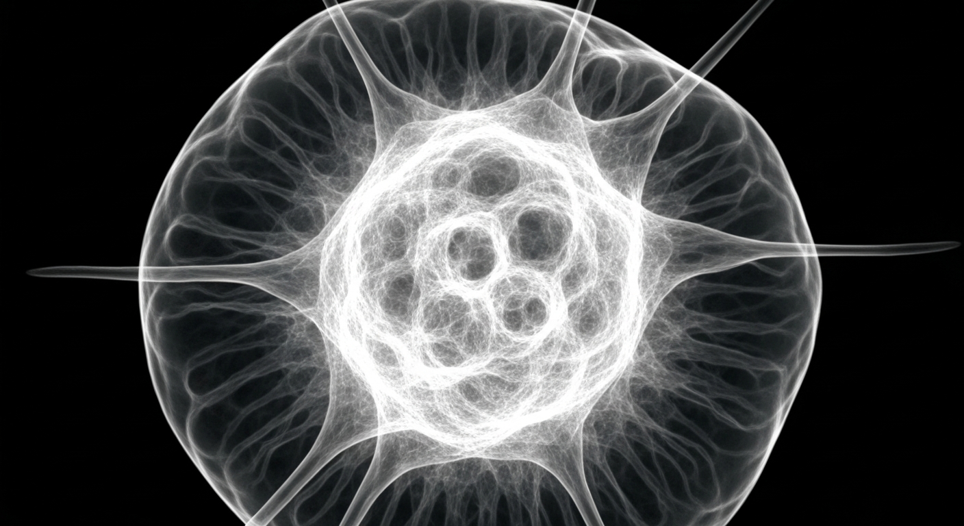 An extreme close-up X-ray image revealing the intricate molecular structures within a brain tumor cell, conceptually illustrating the potential of Nested Therapeutics' drug NST-628 to target RAS/MAPK-driven cancers.