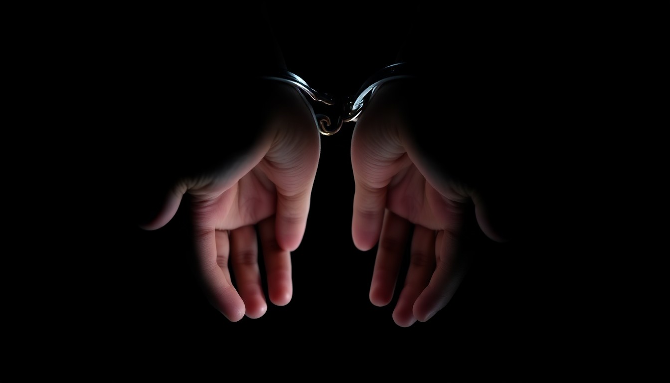An extreme close-up photograph of a pair of handcuffed hands against a pitch-black background, lit by a harsh, direct camera flash, conceptually representing the apprehension of a suspected home intruder.