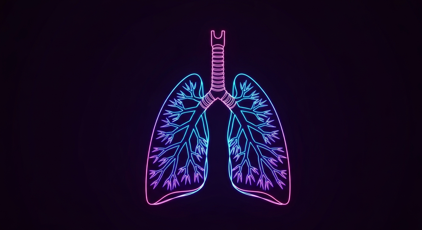A minimalist, neon-outlined illustration of a human lung, the glowing lines and shapes suggesting the internal biological processes involved in lung cancer and the immune system's response to immunotherapy treatment.
