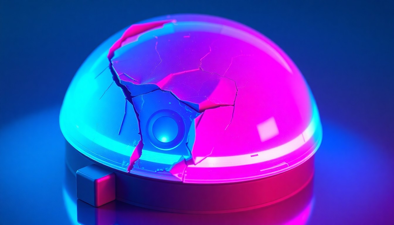 An extreme close-up of a shattered Waymo autonomous vehicle sensor dome reflecting a faint red light, conceptually illustrating the vandalism of self-driving cars.