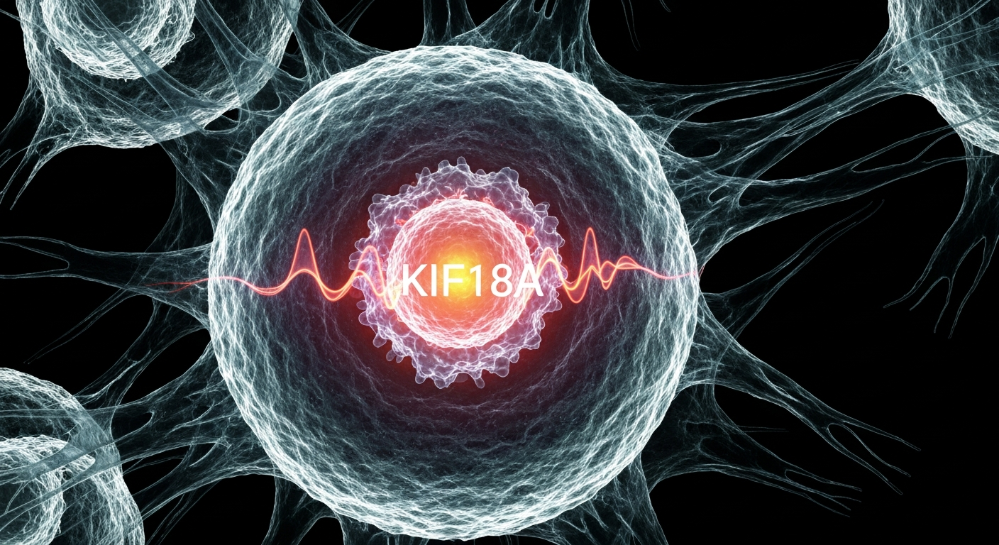 A translucent, X-ray-like image revealing the internal structures of a dividing cancer cell, with the KIF18A protein highlighted as a central, pulsing element, conceptually illustrating the targeted mechanism of action of Accent's novel therapeutic.
