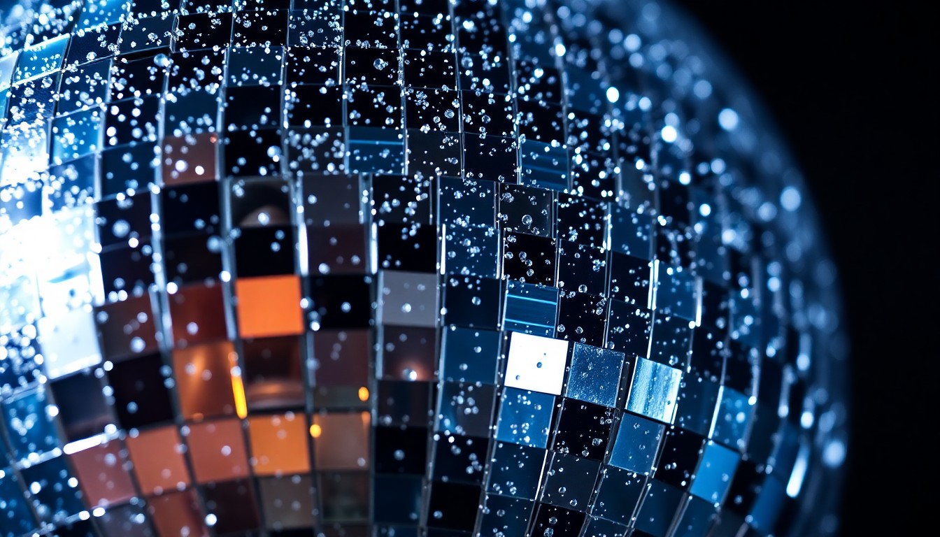 An extreme close-up photograph of shattered disco ball fragments reflecting bright, glittering light against a dark background, conceptually representing the energy and excitement of surprise musical collaborations at a major music festival.