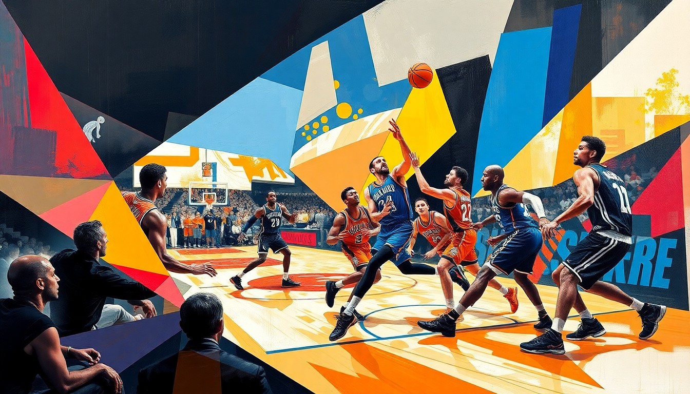 A cubist, geometric painting depicting the action of a basketball game between the Oklahoma City Thunder and Phoenix Suns, with the players' forms broken down into abstract shapes and colors, capturing the intensity and energy of the playoff matchup.