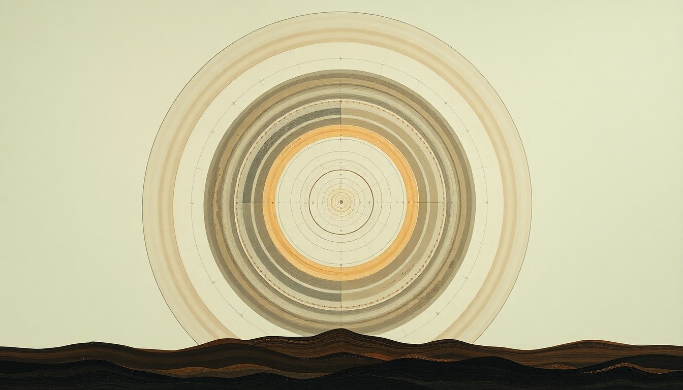 A highly textured, abstract painting in soft greens, blues, and browns, featuring sweeping geometric shapes and intersecting waveforms that conceptually represent the complex scientific forces and natural systems impacted by climate change.