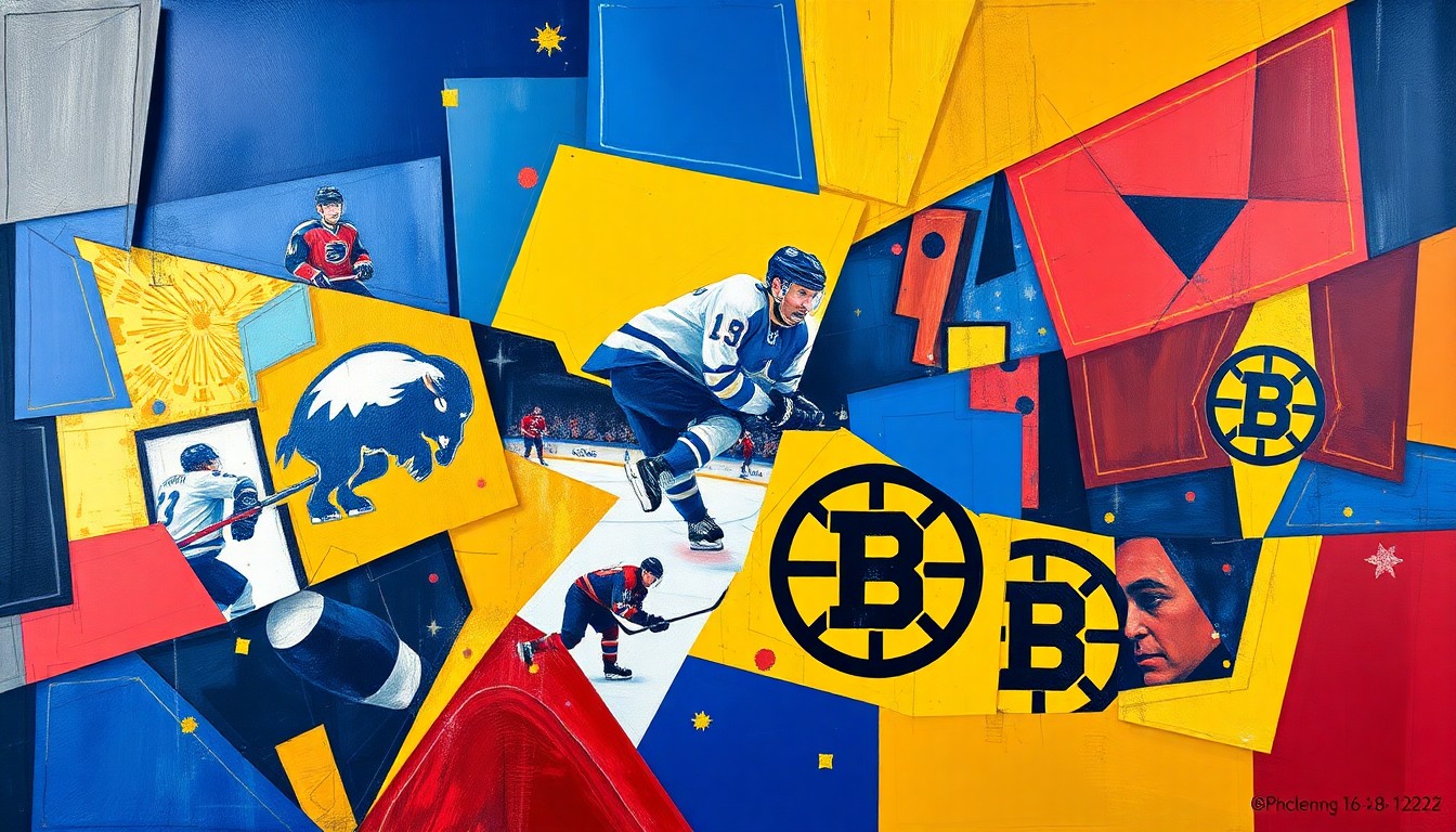 A cubist, geometric painting depicting a hockey game between the Buffalo Sabres and Boston Bruins, with sharp, overlapping planes of vibrant blue, gold, and red colors capturing the intensity of the playoff matchup.