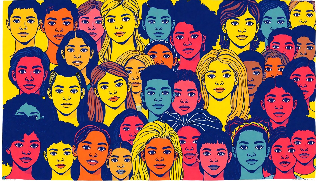 A vibrant, pop art-inspired illustration featuring a grid of diverse student faces, conveying the inclusive community fostered by the Safe Schools Ambassadors program.