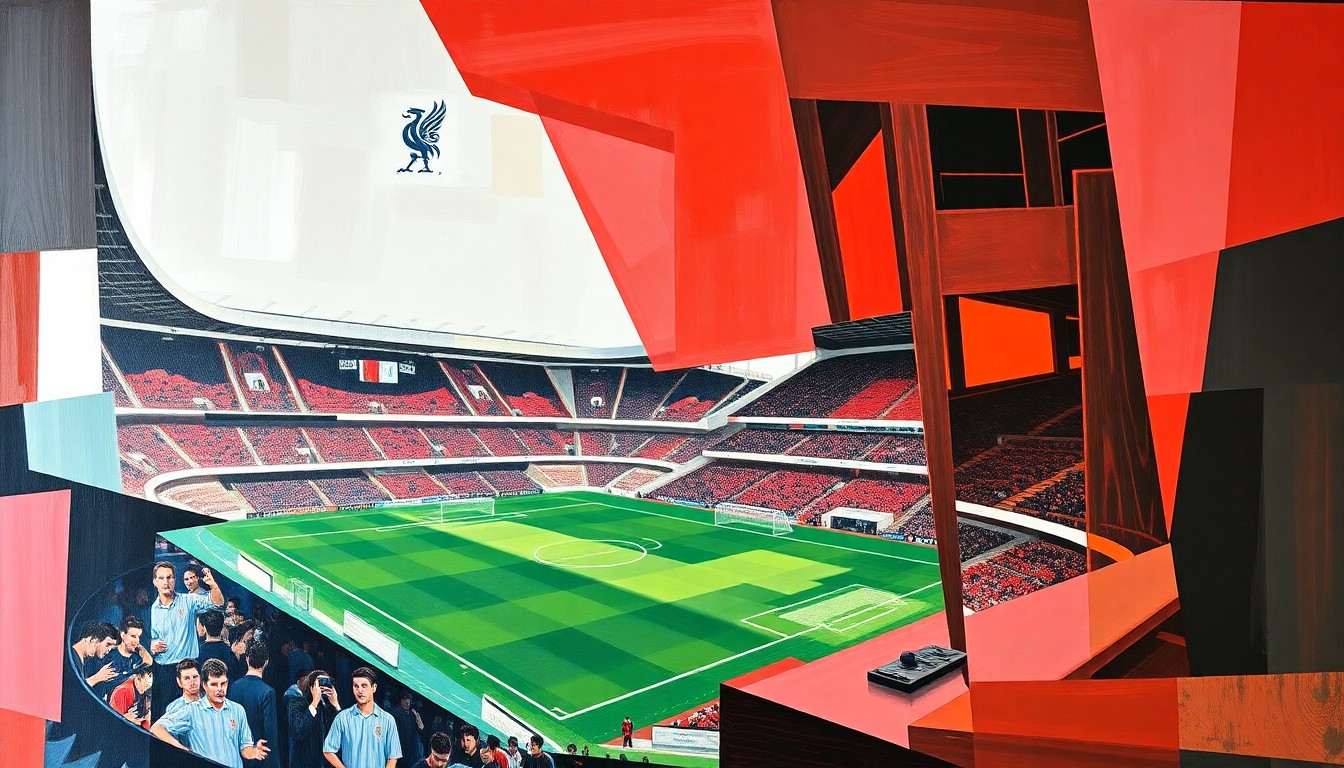 A cubist, geometric painting depicting the Liverpool vs Brentford Premier League match, with sharp, overlapping planes representing the players, ball, and action on the field.