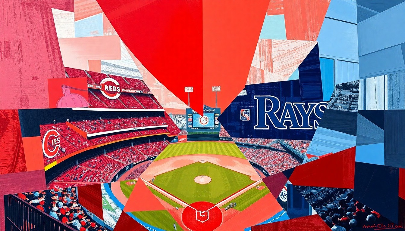 A cubist, geometric painting depicting a baseball game between the Cincinnati Reds and Tampa Bay Rays, with sharp, overlapping planes of red, navy blue, and powder blue representing the players and action on the field.
