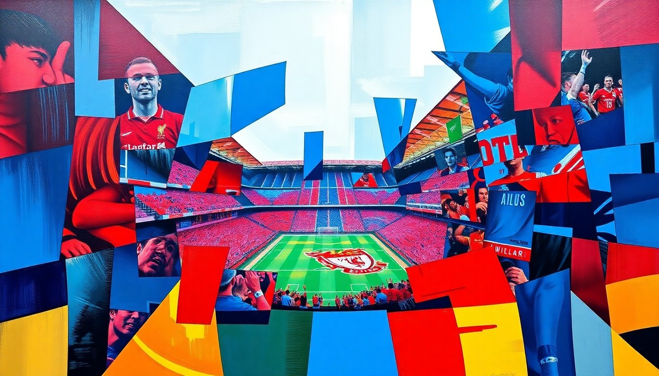 A cubist, fragmented painting depicting the climactic moments of the Merseyside Derby, with sharp planes of blue and red colliding to capture the intensity of the match.