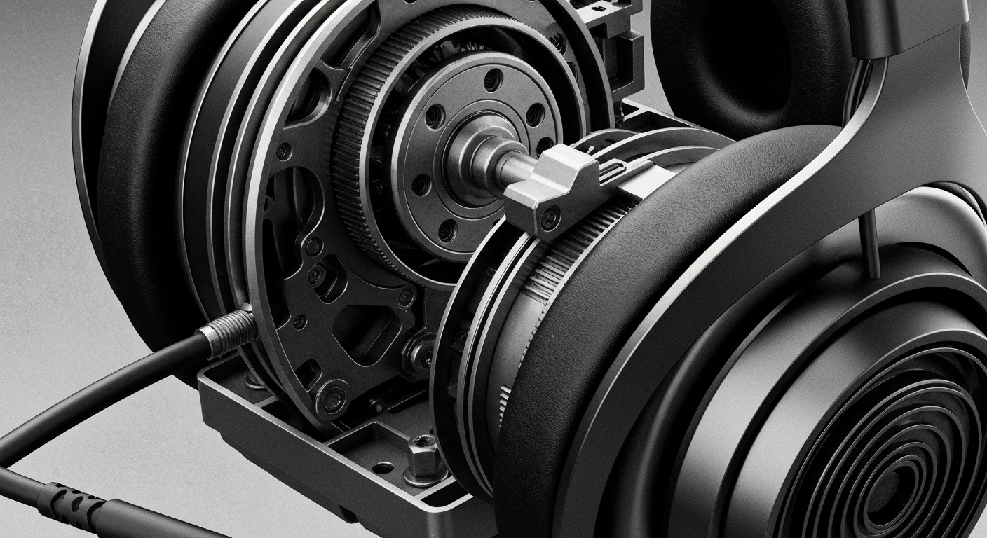 A close-up image of the intricate inner components of a gaming headset, including wires, circuit boards, and metal housings, rendered in a gritty, industrial style to convey the technical complexity of Turtle Beach's audio products.