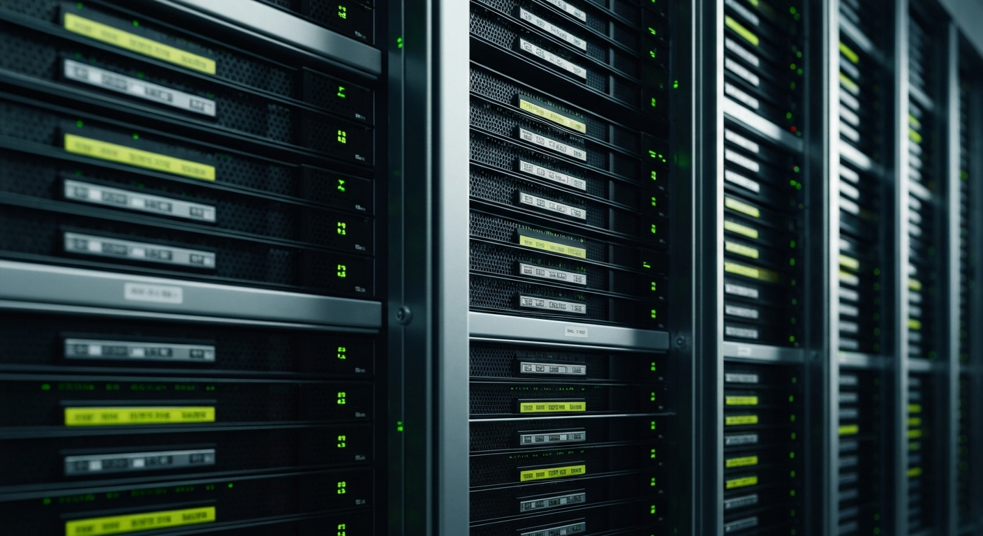 An extreme close-up of the intricate machinery and cabling inside a financial data center, representing the complex infrastructure that powers modern banking and finance.