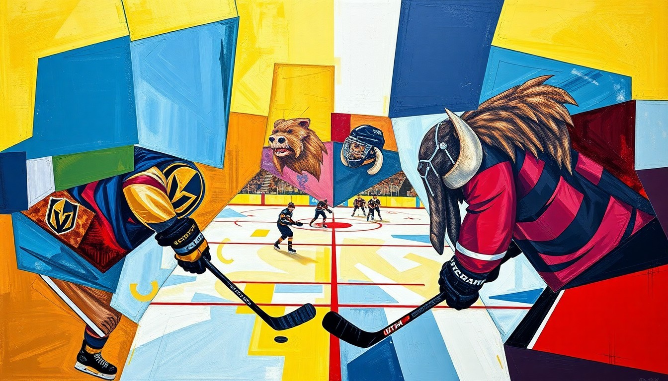 A cubist, geometric painting depicting a hockey game in progress, with the players and puck fragmented into overlapping angular shapes in the team colors of the Vegas Golden Knights and Utah Mammoth, conveying the dynamic action and competition of the playoff matchup.