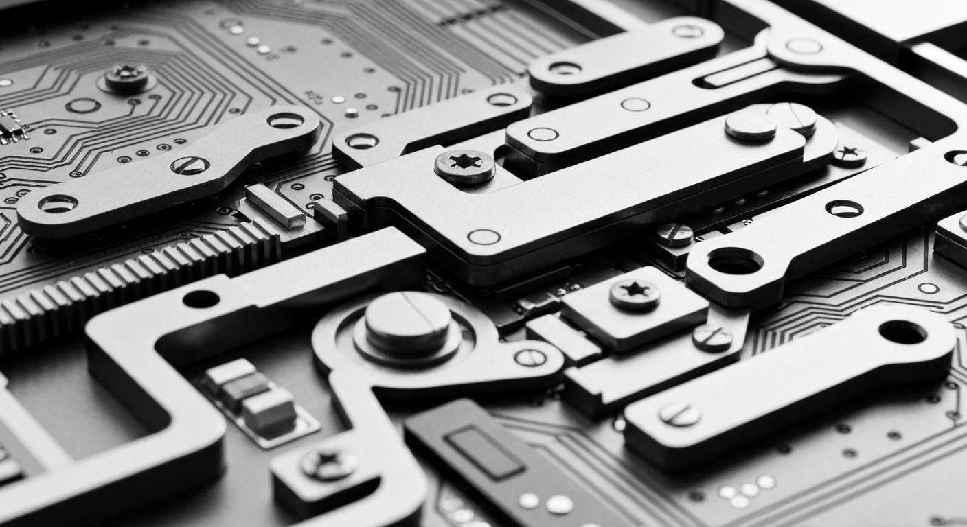 A high-contrast black and white macro photograph of the inner workings of a financial institution, with gears, levers, and circuits visible, representing the behind-the-scenes machinery that drives the insurance industry.
