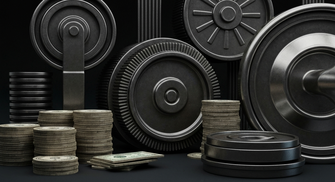 An extreme close-up of intricate, industrial-looking banking machinery and equipment, conveying a sense of financial security and institutional power through a highly textured, cinematic visual style.