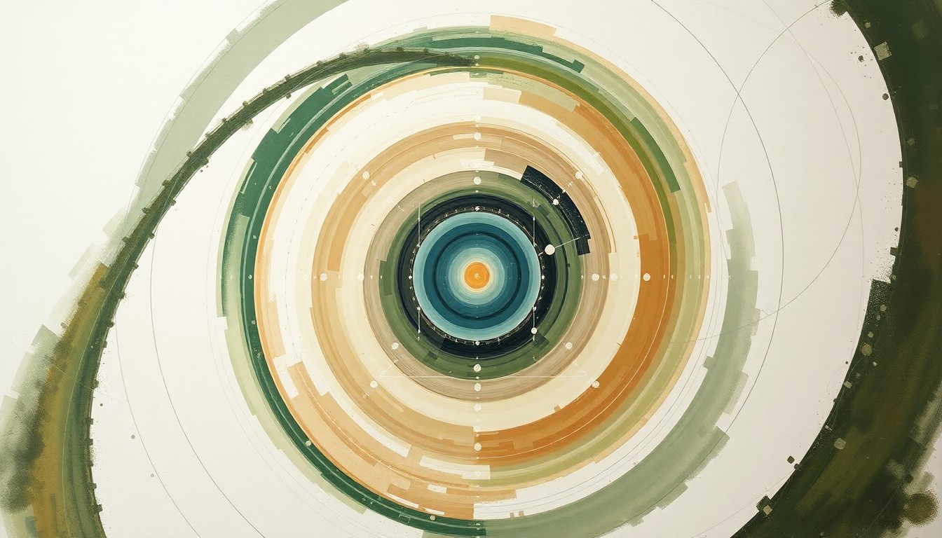 An abstract, highly structured painting in soft earth tones depicting sweeping geometric arcs, concentric circles, and precise botanical spirals, representing the quantum forces that cause silicon-hydrogen bonds to break and degrade semiconductor performance.